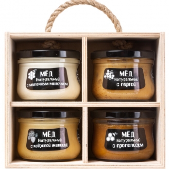 Подарочный набор меда “Altai PREMIUM-4” мед с маточным молочком, мед с пергой, мед с прополисом, мед с кедровой живицей