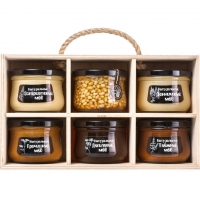 Подарочный набор меда и пчелопродуктов “Altai PREMIUM-6” гречишный, эспарцетовый, донниковый, дягилевый, таежный, мед с кедровым орехом