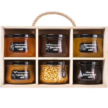 Подарочный набор меда “Altai PREMIUM-6” акациевый, липовый, дягилевый, каштановый, гречишный, мед с кедровым орехом