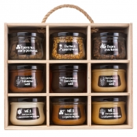 Подарочный набор меда и пчелопродуктов “Altai PREMIUM-9” таежный, горный, дягилевый, мед с маточным молочком, прополисом, кедровой живицей, пыльца, перга, прополис